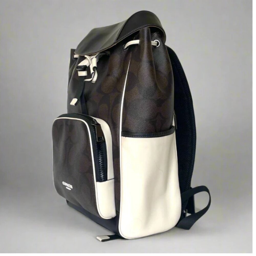 Coach Racer Backpack Colorblock Signature Canvas Leather Walnut Chalk CY775